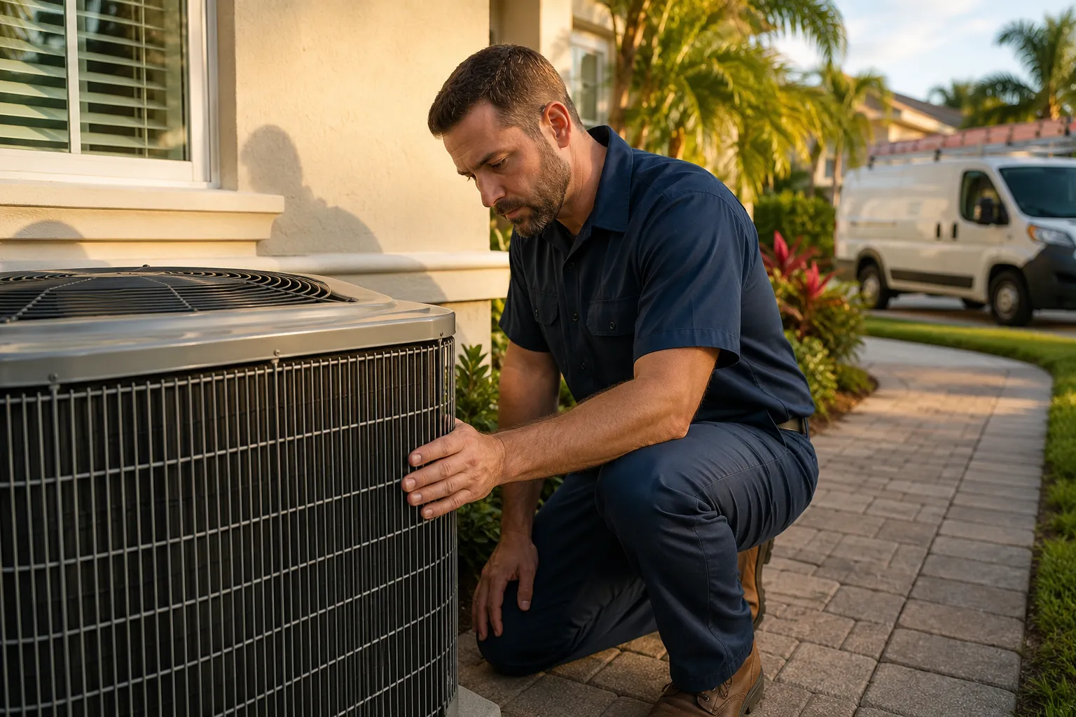 HVAC technician inspecting an outdoor AC unit at a Florida home