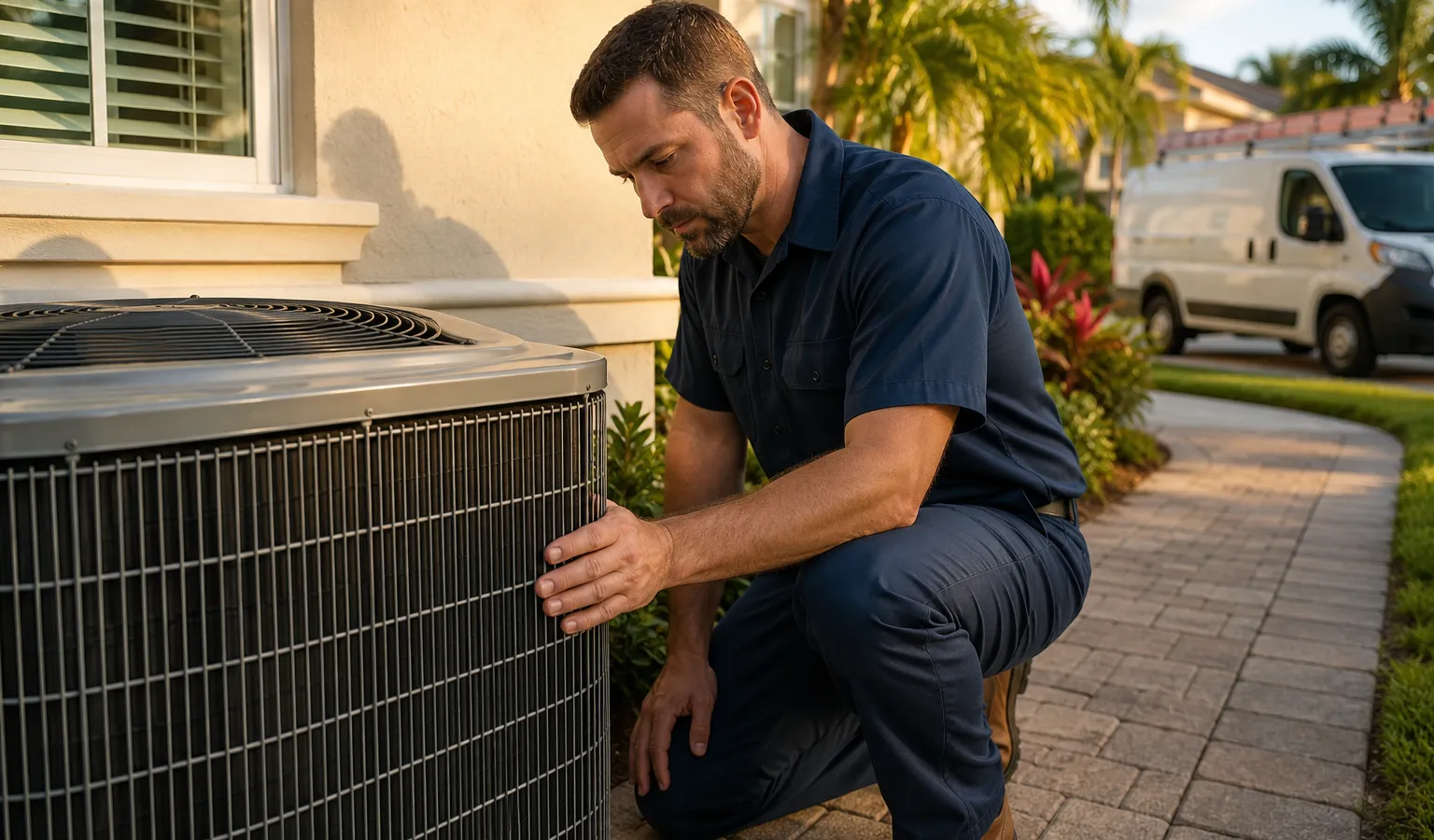True Integrity HVAC technician servicing an outdoor air conditioning unit